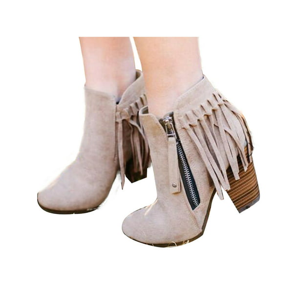 US Women's Pointed Toe Ankle Boots Tassel Casual Block Chunky Heel Fringed Shoes